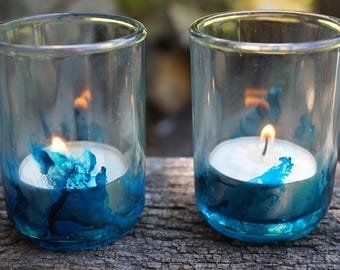 Two Hand Painted Glass Candle Holders, Blue Candleholders, Blue Votive Holders, Blue Tealight Holders, Hand Painted Candleholders