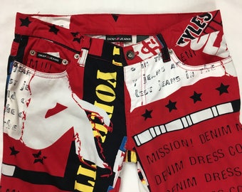 Vintage DKNY Jeans Sz 7 30" Waist NYC Apple Red Silhouette Collage Rivet Button Fly Jeans Graffiti Graphic New York City OOAK
