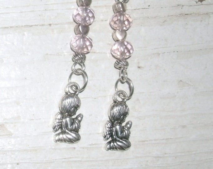 Angel Child Praying Earrings, blue or pink, dangle earrings, angels, child praying, kneeling in prayer, crystal beads, silver charms, gift