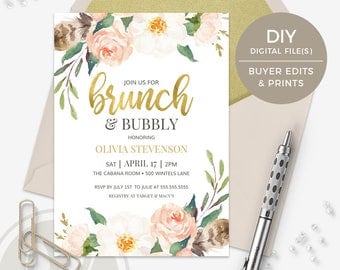 Brunch and Bubbly Bridal Shower Invitation - DIY Template, Boho Floral Bridal Brunch Invitation, Instant Download, Printable Invitation