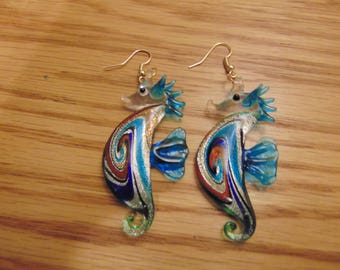 Glass Seahorse Dangle Drop Earrings | Blue and Green Seahorse Earrings