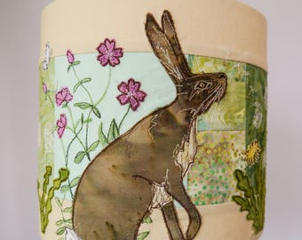 Fabric kit (with or without lampshade kit) and pattern for hare and dandelion lampshade raw edge applique tutorial free motion embroidery