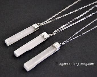 Selenite Necklace || Raw Selenite Crystal Necklace || Silver Dipped Selenite Pendant || White Selenite Necklace || Selenite Crystal