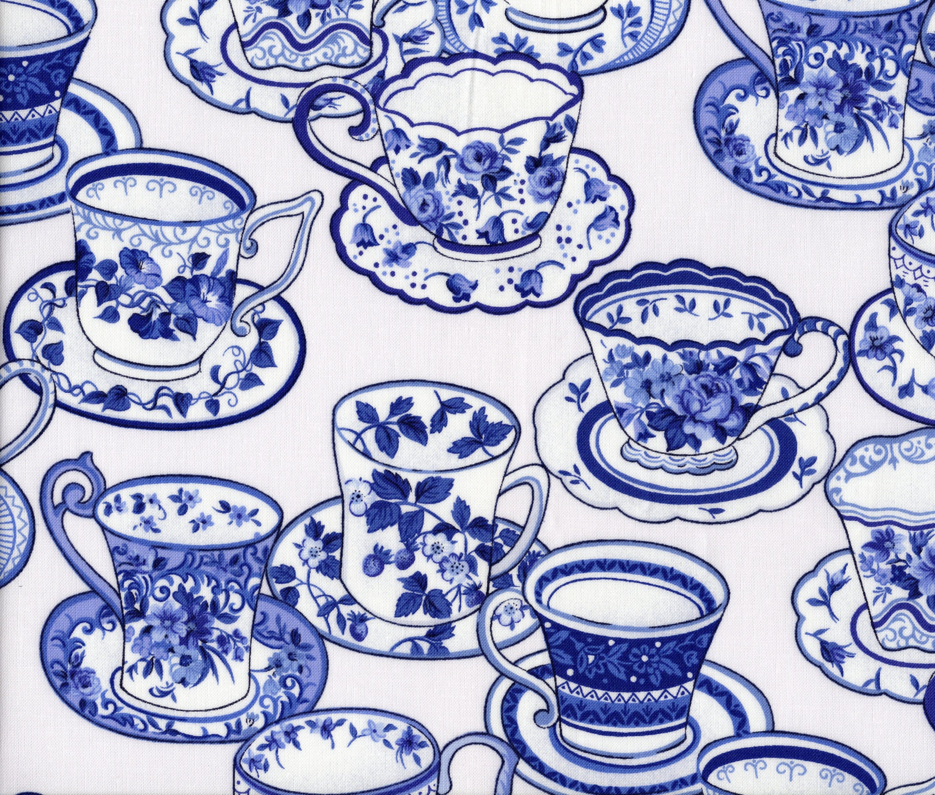Blue and White Tea Cups Fabric by Robert Kaufman By The Yard