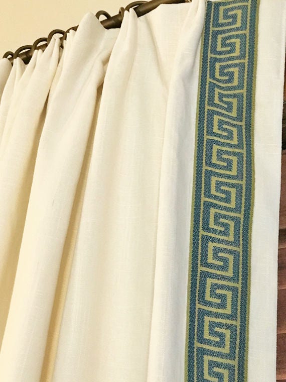 Linen Curtains with Greek Key Trim Border Custom Drapes