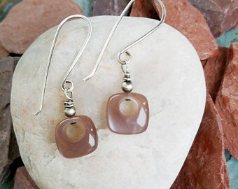 Earrings-Moonstone-Chocolate-Semi Precious-Square-Sterling Silver-Dangle-Wire Wrapped-Handcrafted-Handmade-Unique-OOAK-One Of A Kind-Gift