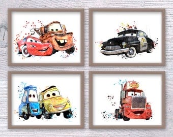 Disney Cars Set of 4 Cars Disney poster Cars watercolor print Lightning McQueen wall decor Cars pit crew illustration Kids room decor V460
