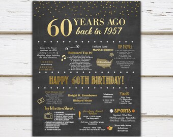 Printable 60th Birthday Chalkboard Sign, Back in 1957, Birthday Gift, Birthday Poster, 1957 Poster, Digital, Download, Sign, MB018