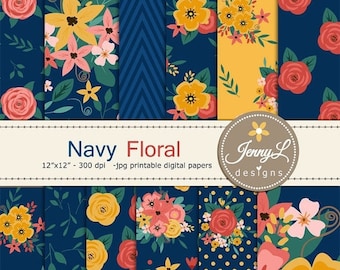 50% OFF Navy Blue Floral digital paper, Wedding Floral Paper Digital scrapbooking, invitations, birthday, wedding, Planners