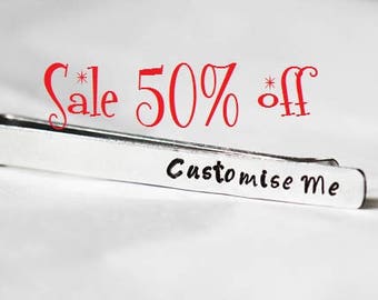 Sale 50% off Mens personalised tie clip, custom tie bar, gift for him, gift for men, silver skinny tie bar, groomsman gift, Fathers Day Gift