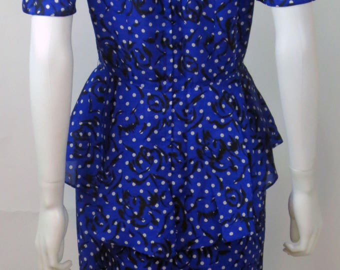 80s Dynasty Polka dot printed lightweight silk linen midi length peplum dress