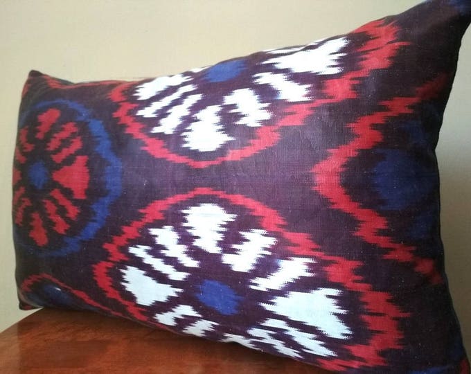 12"x 20" Amazing Ikat Lumbar Pillow Cover, Uzbek Ethnic Handwoven Natural Silk and Cotton Adras Pillow Cover, Bohemian Decorative Pillow