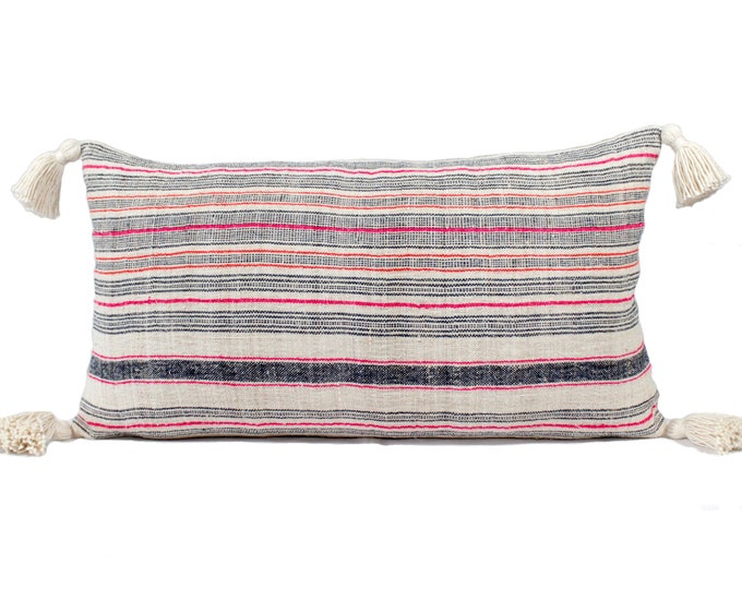 11"x20" Multi Stripes Hmong Hand Woven Hemp Pillow Cover With Tassels/Vintage Organic Hill Tribal Textile Pillow/Bohemian Decorative Pillow