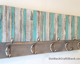 Wood Wall Art Coat Rack, Wall Decor, Towel Rack, Rustic Decor, Beach Decor, Teal Decor, Gray Decor, White Decor, Home Decor, Wall Coat Rack