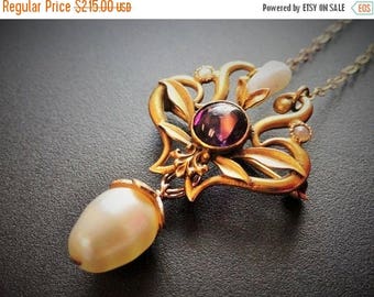 SALE Antique Art Nouveau 10k Yellow Gold Amethyst Pearl Watch Pin Lavaliere Pendant Necklace