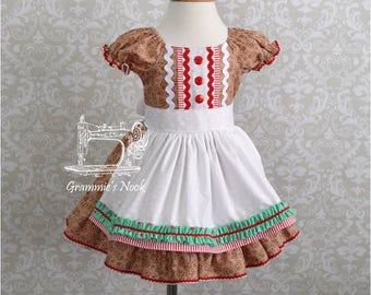 Infant Christmas Dress, Baby Christmas Dress, Gingerbread Print Dress, Pageant Dress, One of a Kind, 12-18 month, Ready to Ship