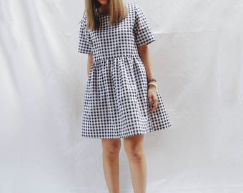 Gingham smock dress, Loose babydoll dress, Sun dress, Plaid dress