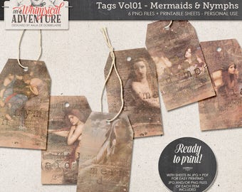 Mermaid Gift Tags, Printable Fantasy Labels, Fairytales, Shabby, Vintage Gift Tags, Digital Collage Sheet, Instant Download Paper Craft