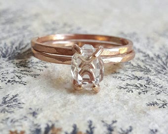 Rose Gold Herkimer Diamond Wedding Set - Bridal Set - Rose Gold Fill Wedding Rings - Raw Crystal Bridal Set - Rough Stone Wedding Ring