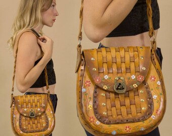 Vintage 1960s / 1970s Mexican Tooled Leather, Cognac Brown with Flowers & Basket Weave