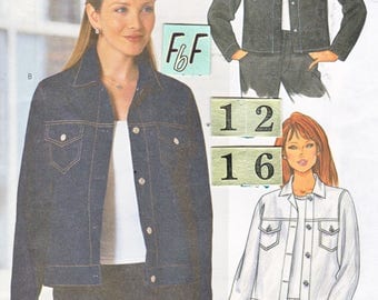 Western Denim Jean Jacket Sewing Pattern/ Butterick 6376 Womens Teens Collared front button, cuff sleeved jacket, shirt UnCut/ Size 12 14 16