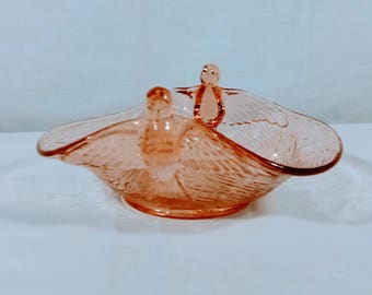Dugan-Diamond Glass Company Pink Depression Seagulls in Flight Bonbon Dish