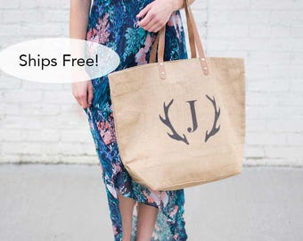 Monogrammed Tote Bag with Deer Antler Monogram Gift for Her-Gifts for Women-Antlers Bag-Personalized Tote-Personalized Gift for Teen Girls