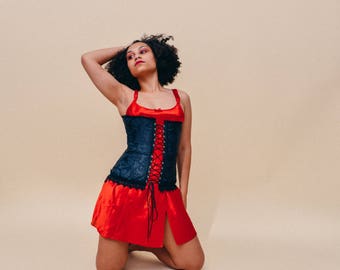90s vintage Frederick's of Hollywood black brocade lace-up corset bustier