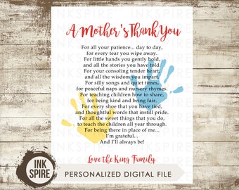 Personalized Daycare Provider Print, Daycare Provider Gift, Caregiver Gift, A Mother's Thank You, Teacher Appreciation, DIGITAL FILE
