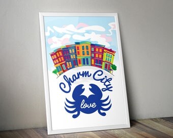 Baltimore City, Charm City, Bmore, Baltimore Neighborhood, Colorful Row Houses, Maryland Blue Crab, United States, Original Art 12x18 Print