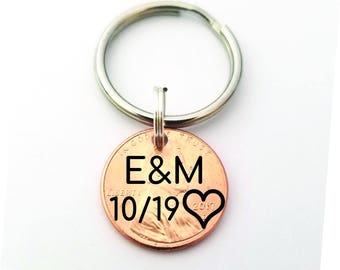 Penny Keychain, Personalized Keychain, Lucky Penny, Couples Keychain, Anniversary Gift for Boyfriend, Gift for Husband, Hand Stamped, Custom