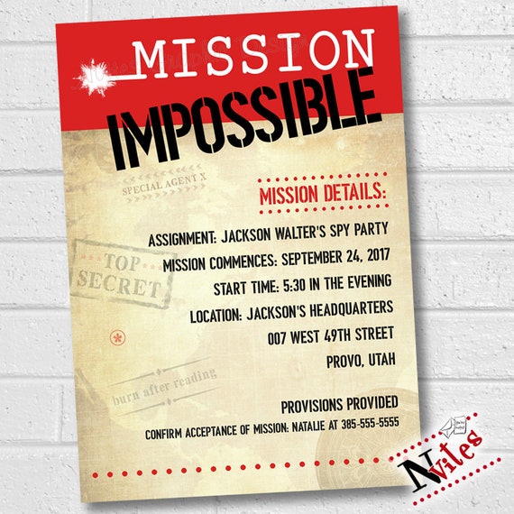 mission impossible invitation secret spy agent birthday invite escape theme printable invitations event parties detective themed diy host friends activities