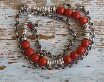 Red Sponge Coral and Silver Wrap Bracelet/ Red and Antique Silver Bracelet/ Triple Wrap Bracelet/ Red and Silver Plated Rolo Chain Bracelet