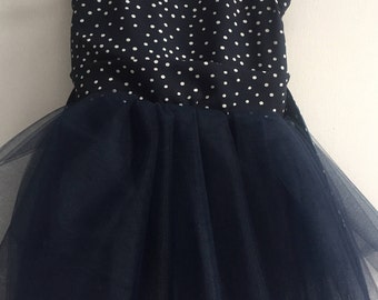 Marie Dress (2T)- Navy and White Polka Dot Dress with TuTu skirt