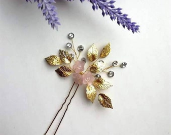 Powdery hairpin, Gold Hairpin, Gold hair accessories, Accessories for hair, Gold petals,Gold leaves, Bridal hair piece, Pink hairpin