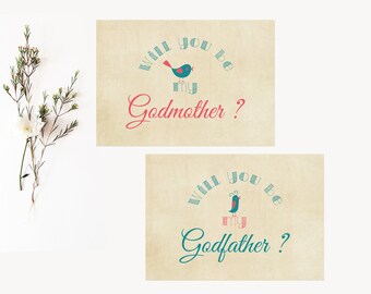 2 cards Godmother / Godfather Vintage Birds