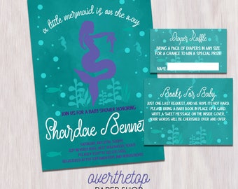 Mermaid baby shower invitation with Diaper Raffle and Books for Baby card, mermaid baby shower