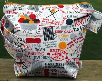 Knit Sayings Zippered Pouch Knitting Project Bag/ Tape Measure/ Pockets