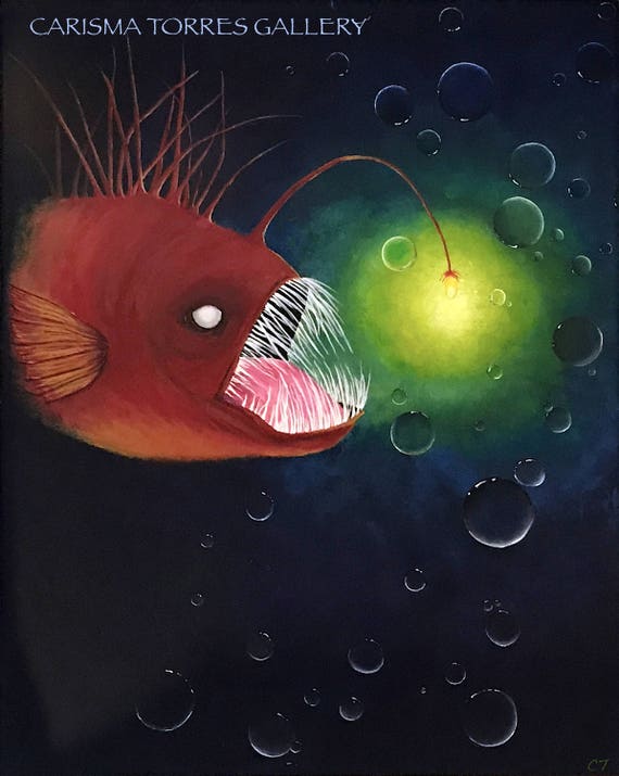 Items similar to Deep sea painting, Angler fish, Acrylic painting ...