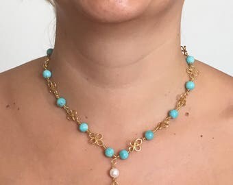 antique style necklace in gold plated copper wire with amazonite and pearls, wire wrapped necklace, romantique, byzantine, elegant, handmade