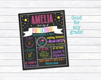 Girl's First Day of Preschool Printable, First Day of Preschool Sign, Milestone Chart, Chalkboard Print, Digital Download, Personalized Sign