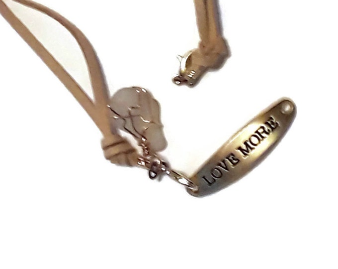 Strappy bracelet - "Love More" Medallion - White beach glass charm with tan leather laces and lobster claw closures