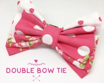 Polka dot pink flower bow tie- Floral bow tie- Pet supplies- Pet bow tie- Dog accessories- Pink floral dog bow tie