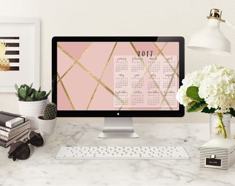 Calendar Desktop Wallpaper | 2017 Calendar Wallpaper | Pink & Gold Wallpaper Desktop Calendar 2017 | Instant Digital Download Calendar