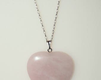 Rose Quartz Heart Pendant on a 20 inch Sterling Silver Rolo Chain