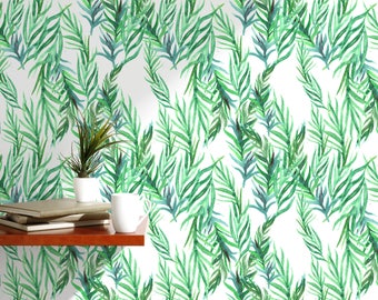 Watercolor Leaves Removable Wallpaper Floral Green Tropic Botanical illustration Wall mural peel and stick Jungle wall sticker CC057