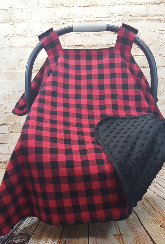 Infant Car Seat Cover Blanket Canopy Red Buffalo Plaid OR Blue