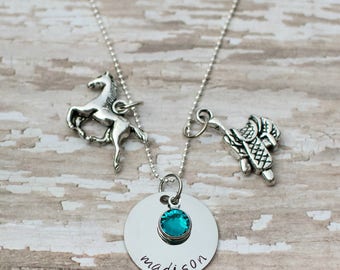 Personalized hand stamped horseback riding necklace - gift for horse lover- stainless steel necklace for rider - birthstone necklace