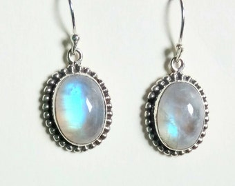 925 Handmade Blue Moonstone Earrings White Rainbow White Labradorite