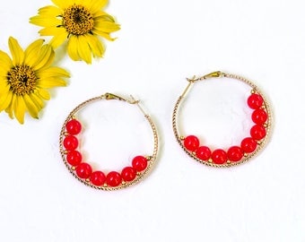 Christmas Gift|for|Woman Anniversary Gift|for|Wife Gift Red Earrings Hoop Earrings Elegant Earrings Rose Gold Earrings Round Gift under 25